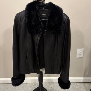 XOXO Women's Black Leather Jacket with Faux Fur Trim NWOT